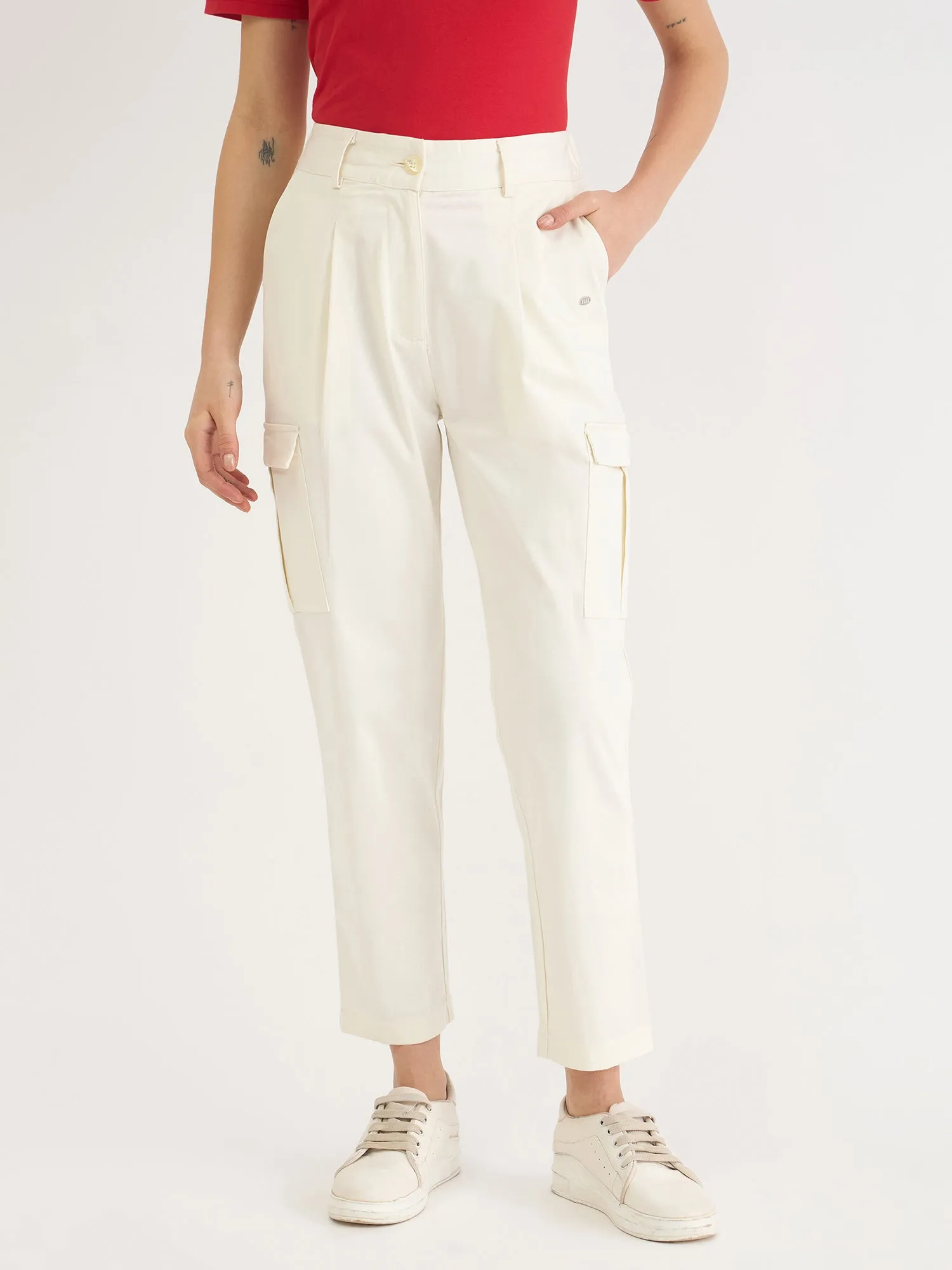 Elle Women White Tapered Fit Solid Cargo Trouser