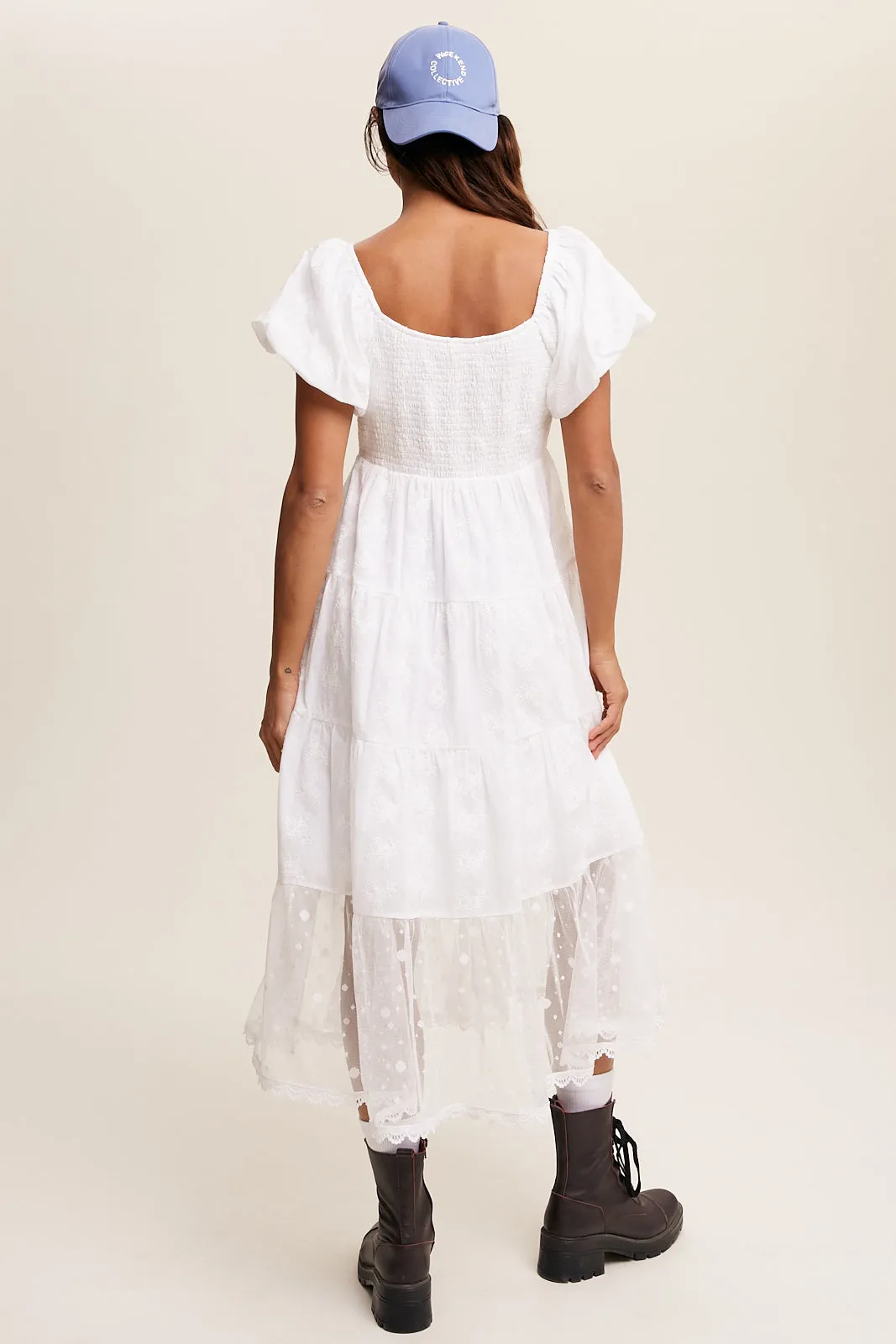Embroidery Tiered Maxi Dress with Mesh Contrast