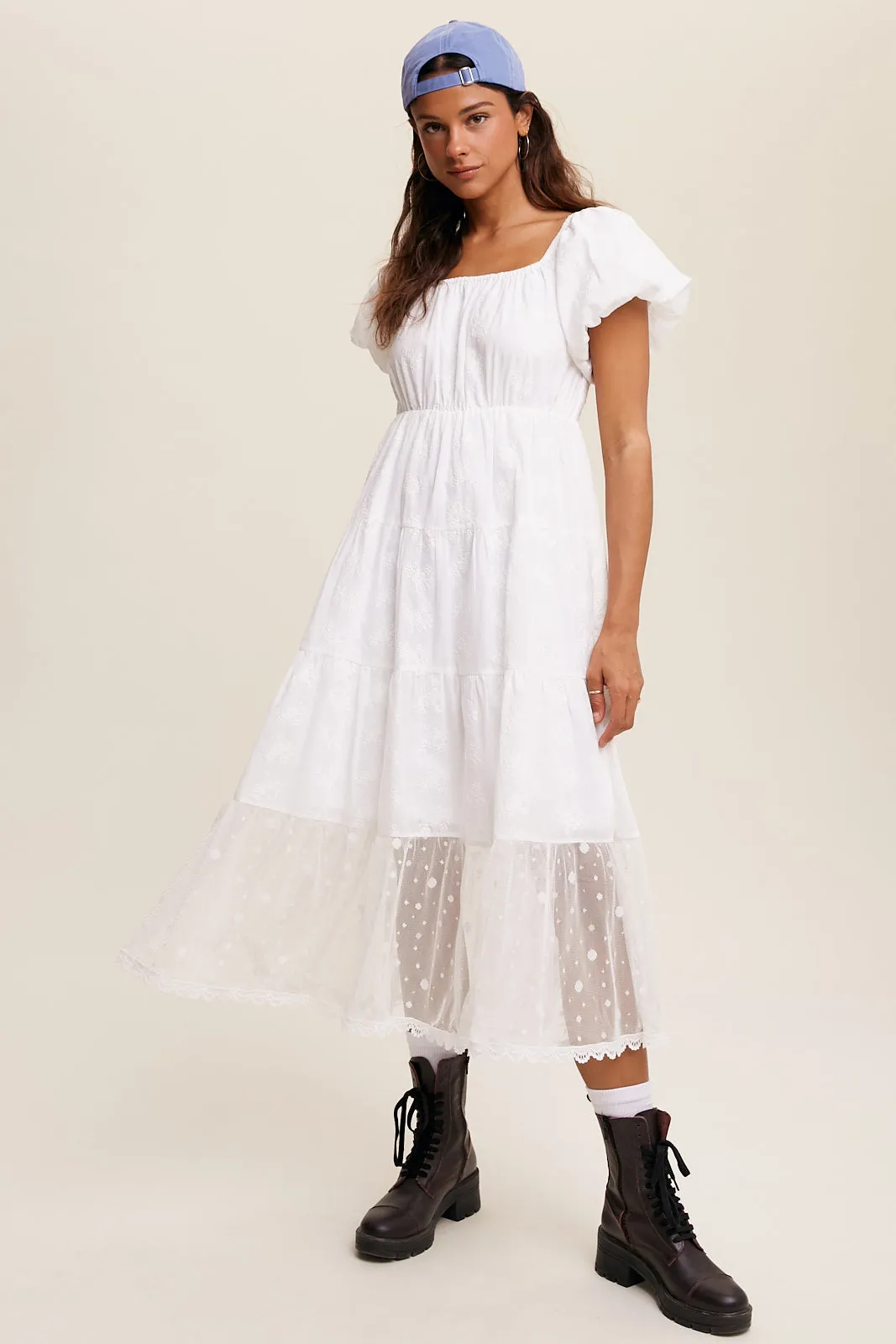 Embroidery Tiered Maxi Dress with Mesh Contrast
