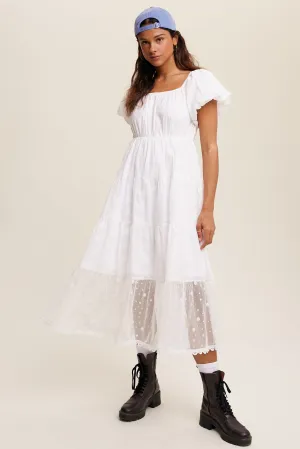 Embroidery Tiered Maxi Dress with Mesh Contrast