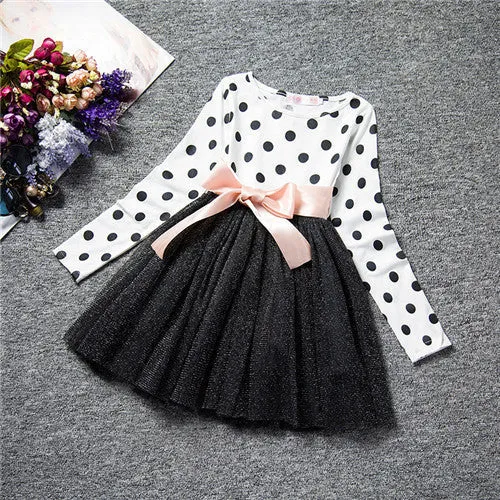 Fashion Mini Dress For Girl Long Sleeve Bow-Knot Princess Girls Dresses Polka Dot Bow Print Girls Dress Casual Baby Clothes
