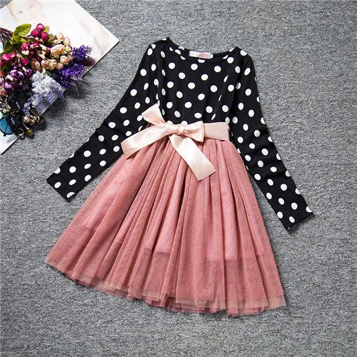 Fashion Mini Dress For Girl Long Sleeve Bow-Knot Princess Girls Dresses Polka Dot Bow Print Girls Dress Casual Baby Clothes