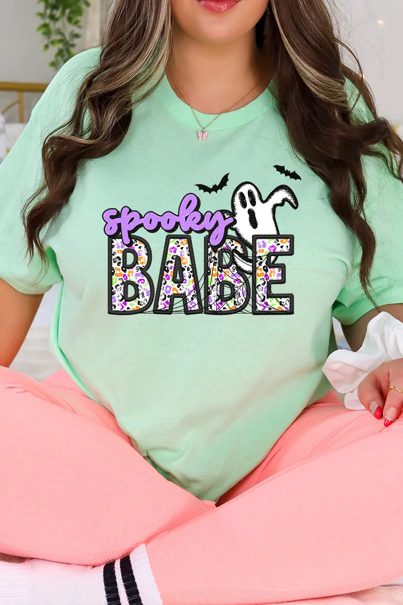 Faux Embroidery Spooky Babe Transfer Short Sleeve Relaxed Fit T-Shirt