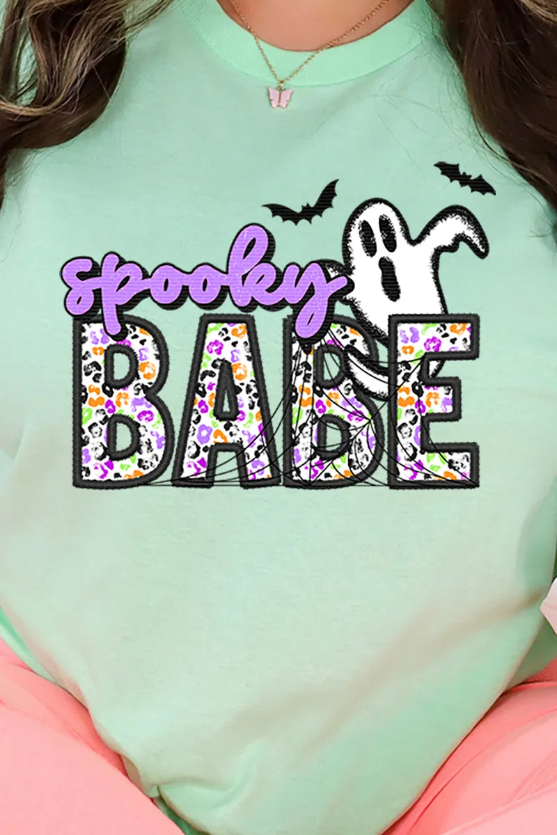 Faux Embroidery Spooky Babe Transfer Short Sleeve Relaxed Fit T-Shirt
