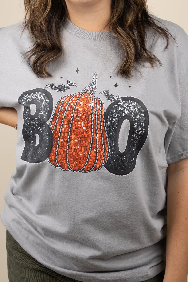 Faux Sequin Boo Transfer Short Sleeve Relaxed Fit T-Shirt