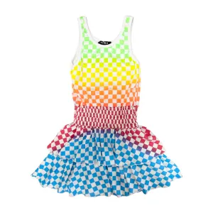 FBZ Neon Ombre Color Check Tiered Sleeveless Dress