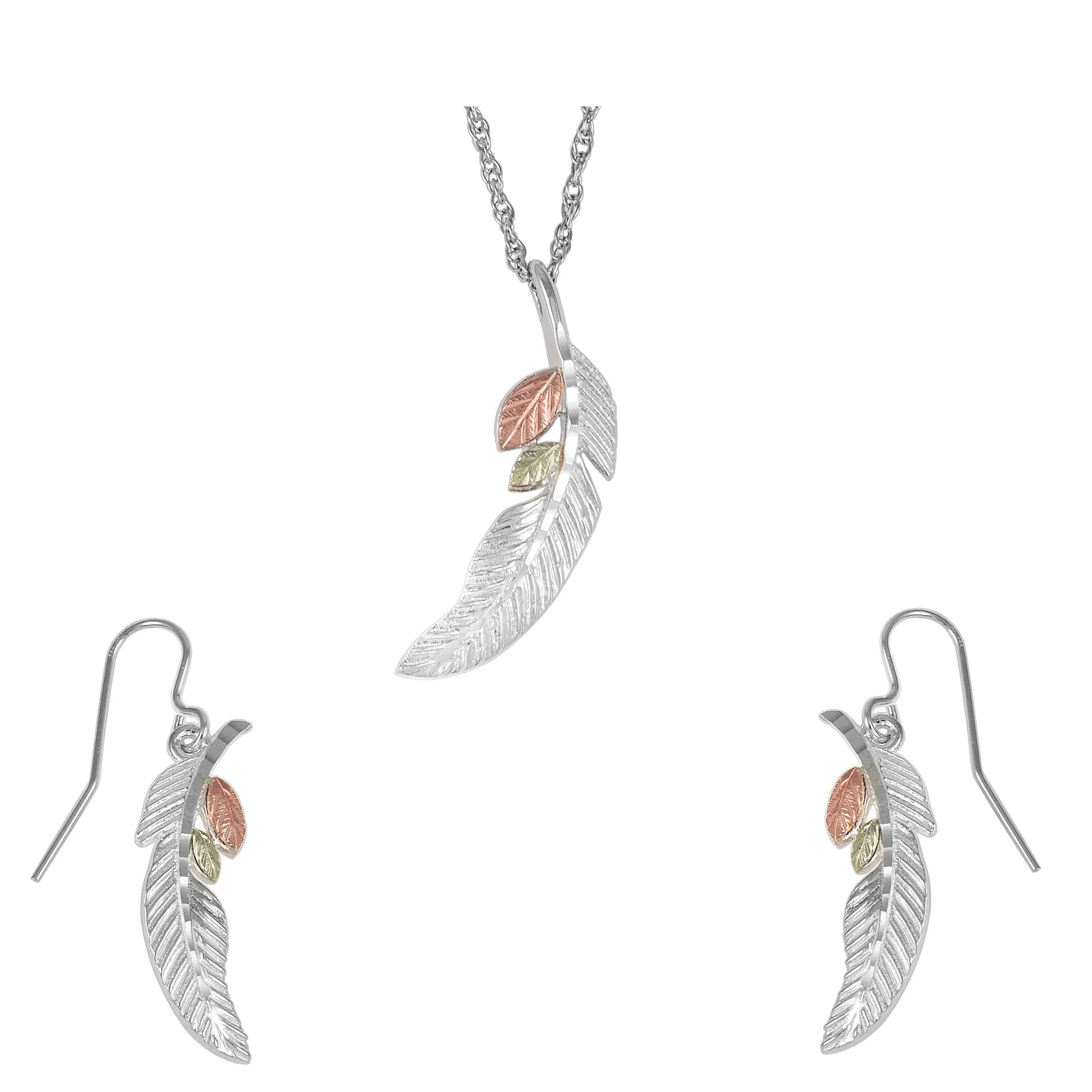 Feather - Silver Black Hills Gold Earrings & Pendant Set