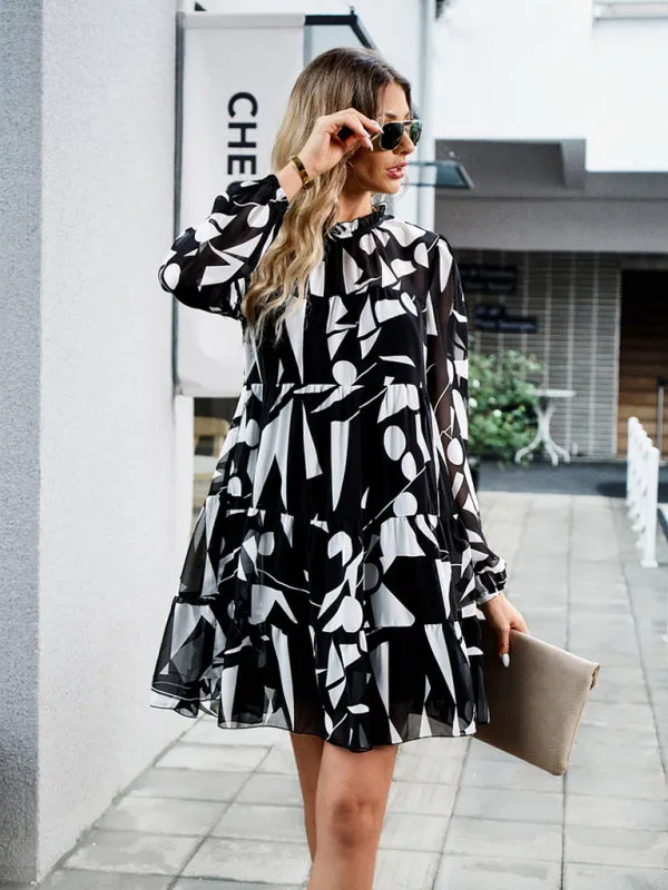 Floral Print Long-Sleeved Dress with Tiered Design