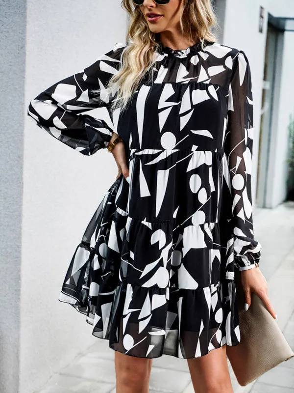 Floral Print Long-Sleeved Dress with Tiered Design
