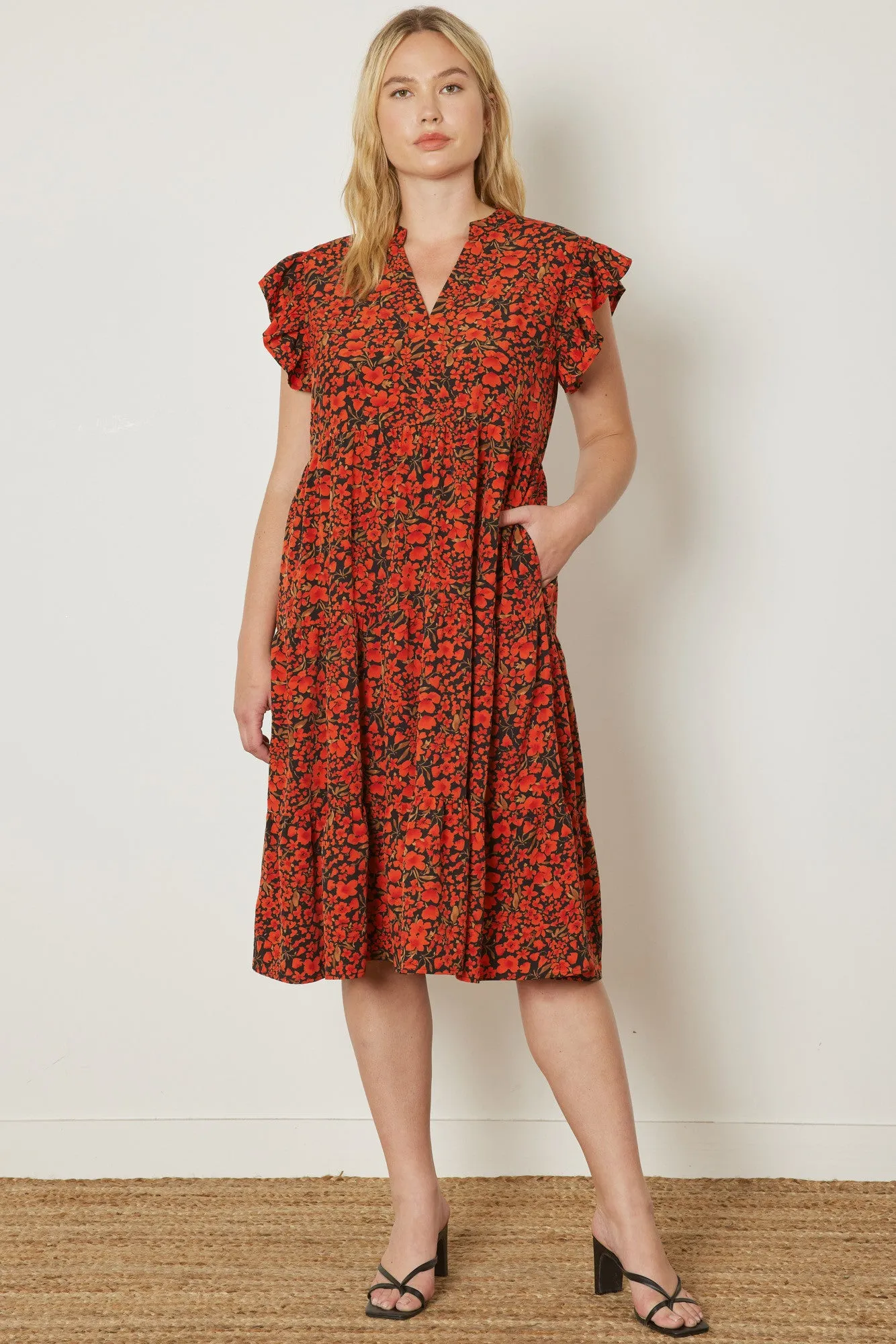 Floral print v-neck ruffle sleeve tiered midi dress