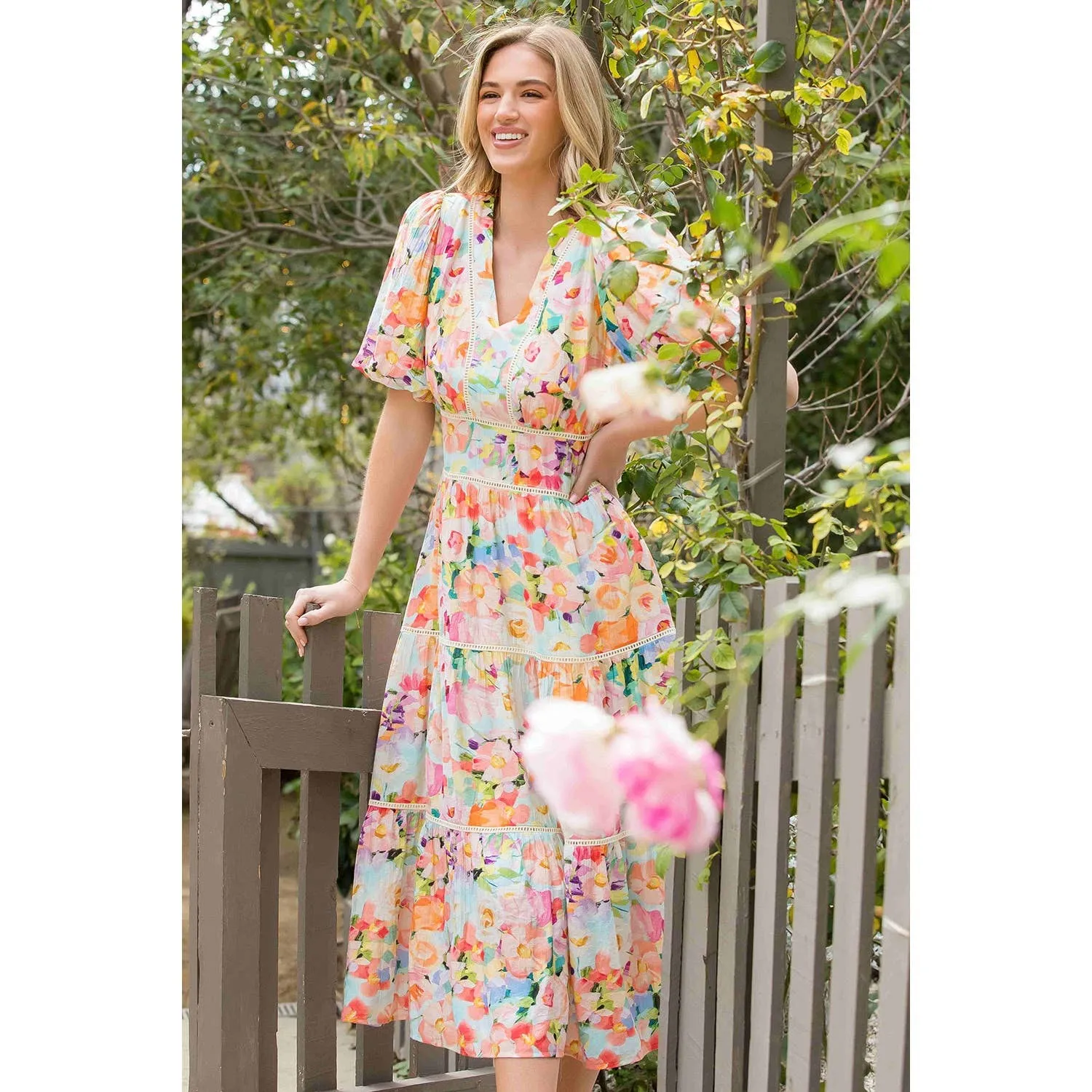 Floral Puff Sleeve Tiered Dress