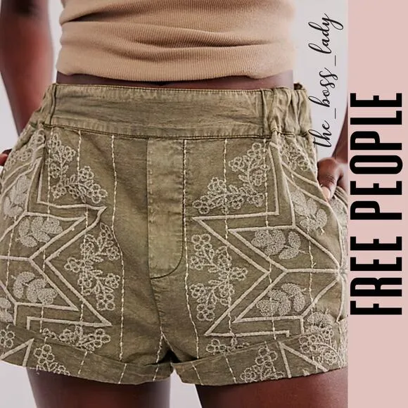 Free People shorts floral embroidered cotton linen high waist boho