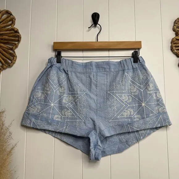 Free People shorts Medium floral embroidered cotton linen high waist boho