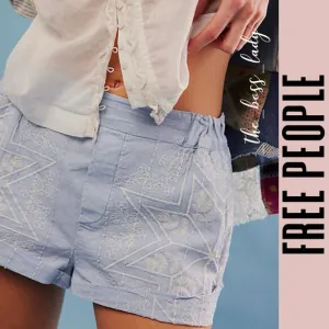 Free People shorts Medium floral embroidered cotton linen high waist boho