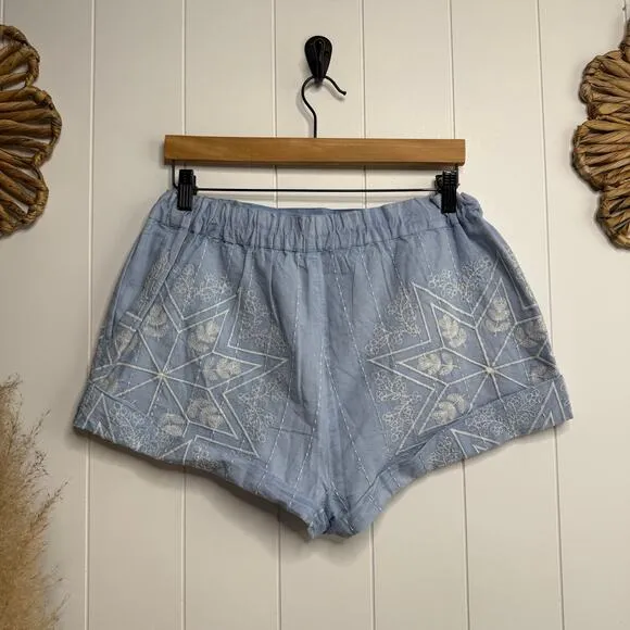 Free People shorts Medium floral embroidered cotton linen high waist boho