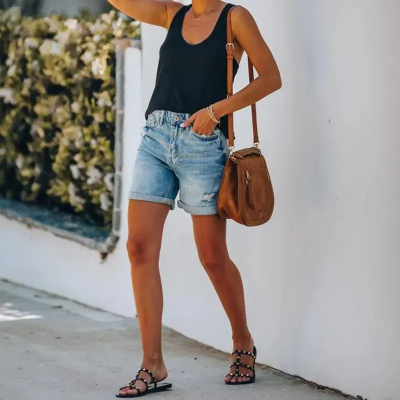 FreeSpirit High Rise Distressed Cuffed Denim Shorts