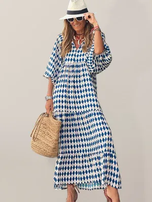 Geometric Print Maxi Dress with Puff Sleeves and Tiered Design
