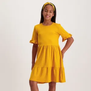 Girls Basic Tiered Plain Dress - Yellow