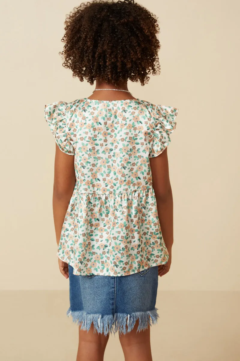 Girls Ditsy Floral Button Down Ruffled Peplum Tank