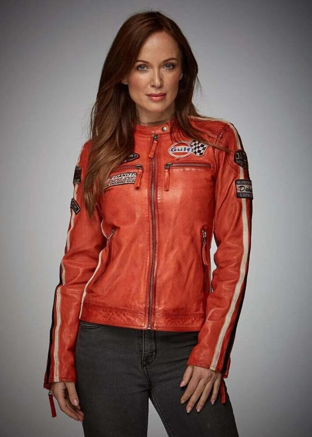 Grand Prix Dames Gulf Racing Leren Jas Oranje