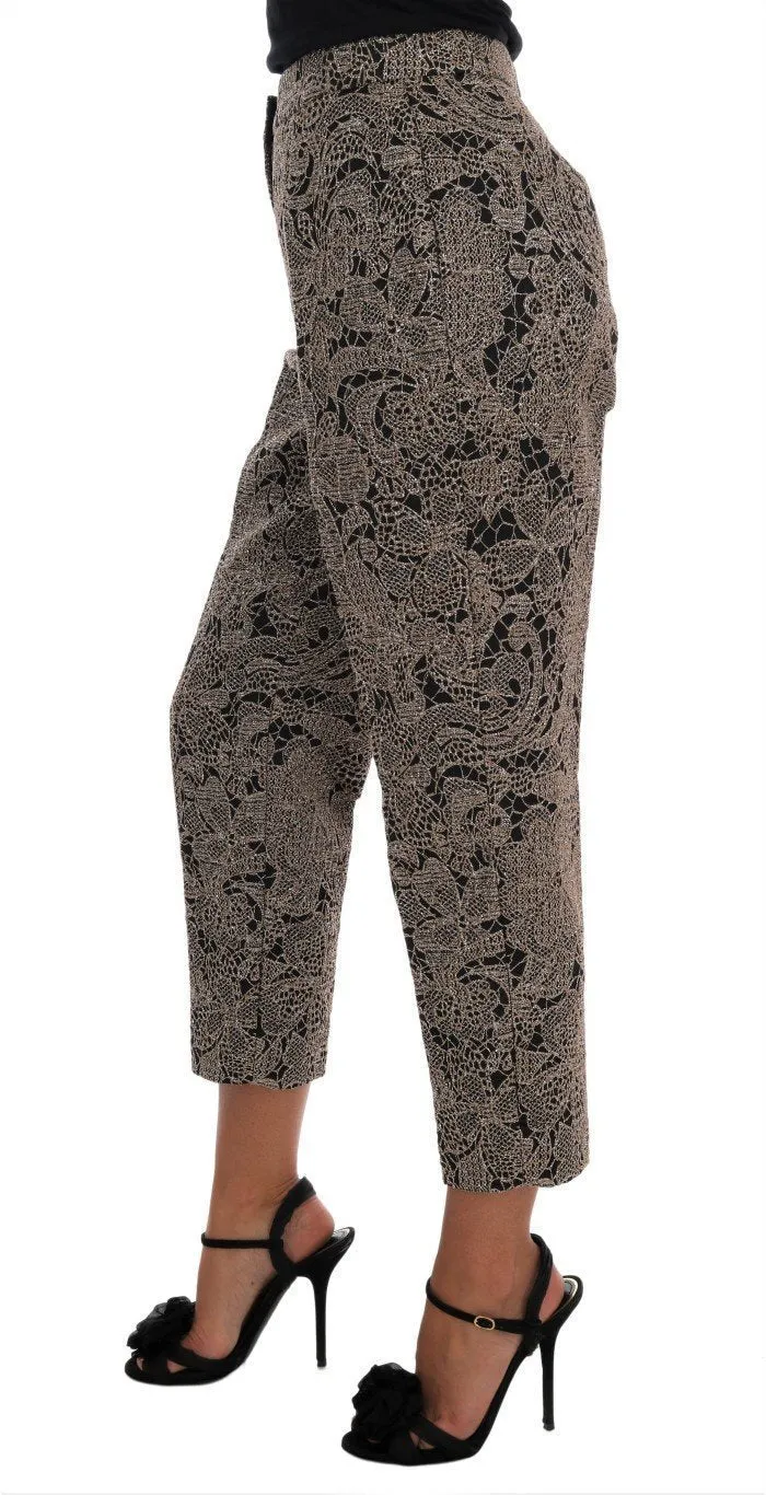 Gray Black Floral Lace Cropped Pants