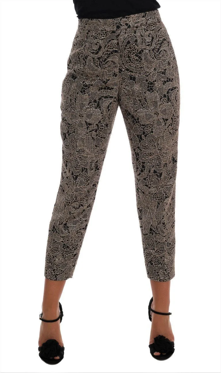 Gray Black Floral Lace Cropped Pants