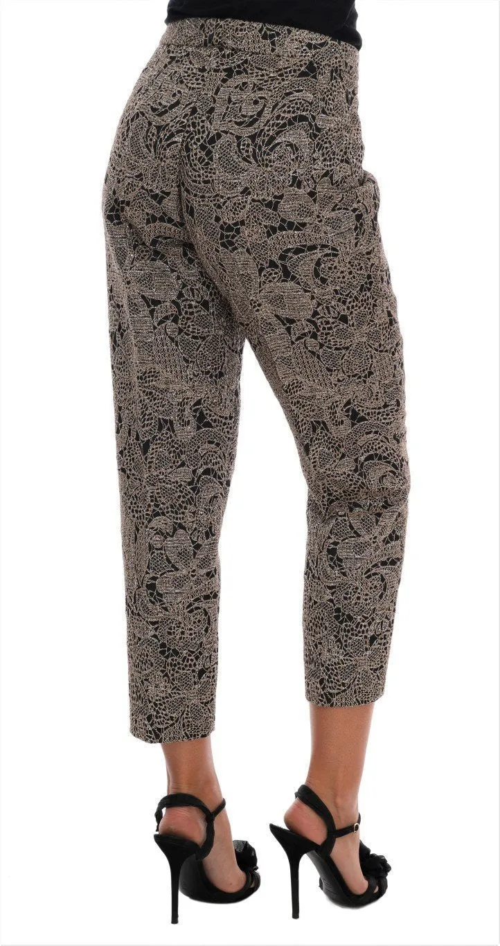 Gray Black Floral Lace Cropped Pants