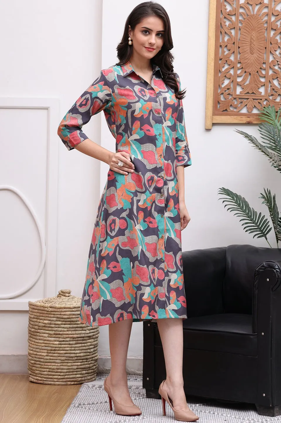 Grey Color Abstract Printed Chanderi Premium Ethnic Dresses