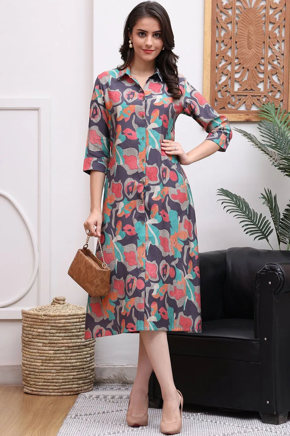 Grey Color Abstract Printed Chanderi Premium Ethnic Dresses