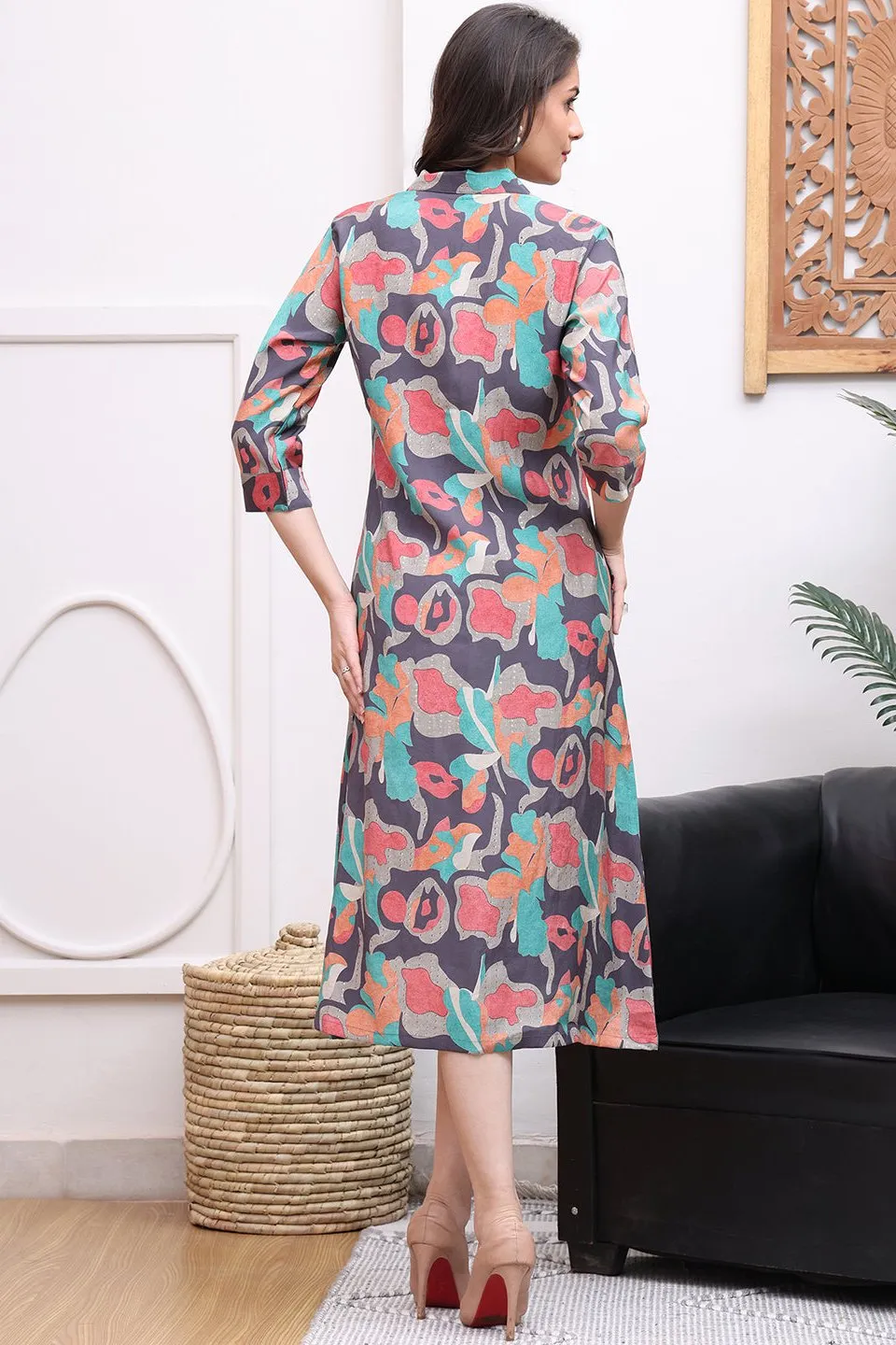 Grey Color Abstract Printed Chanderi Premium Ethnic Dresses