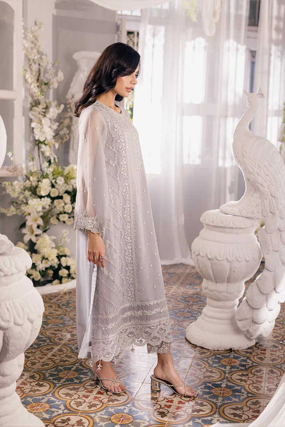 Grey Shade Embroidered Chiffon Pakistani Salwar Kameez Dupatta
