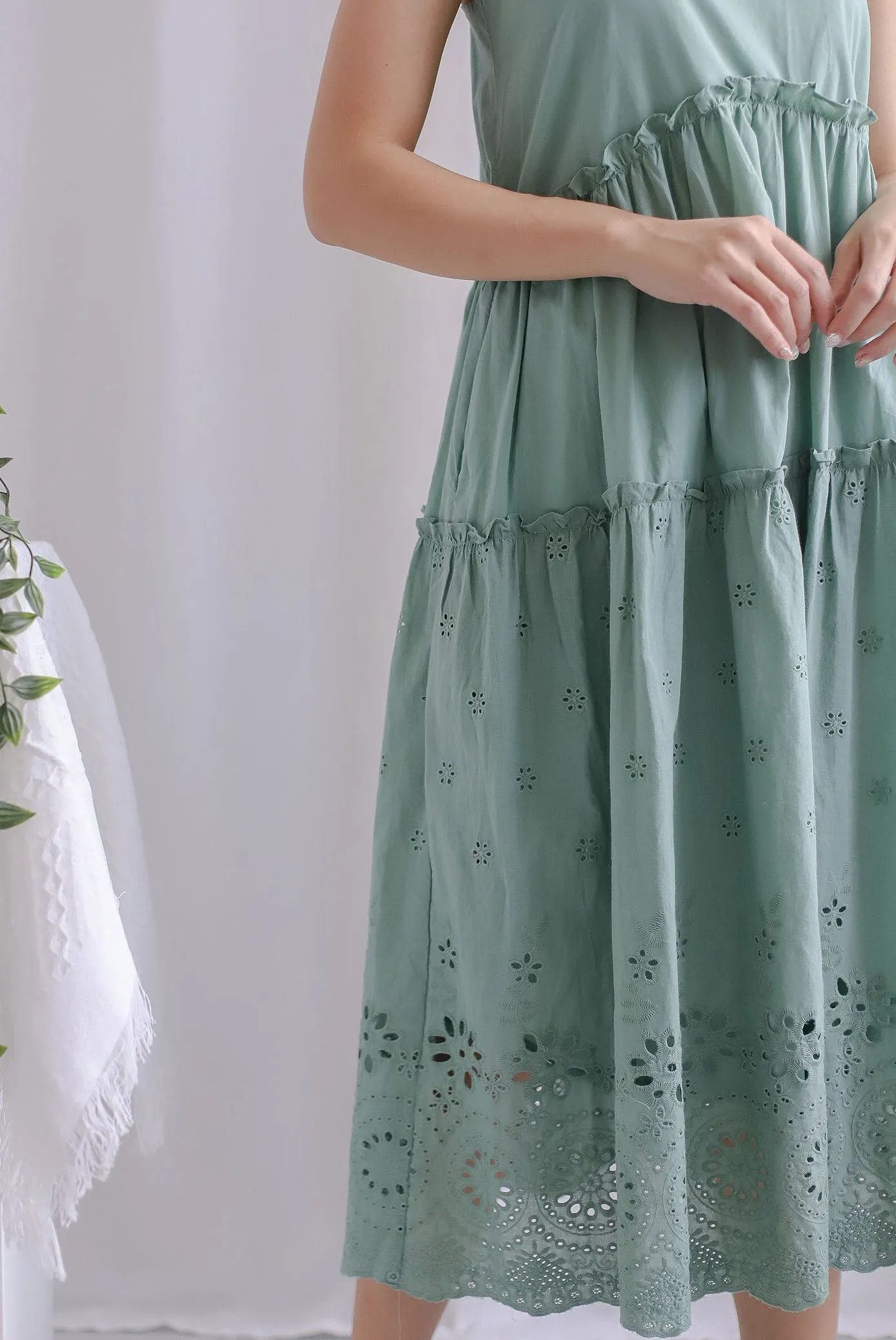 Harmonie Embro Sprag Tiered Dress In Seafoam