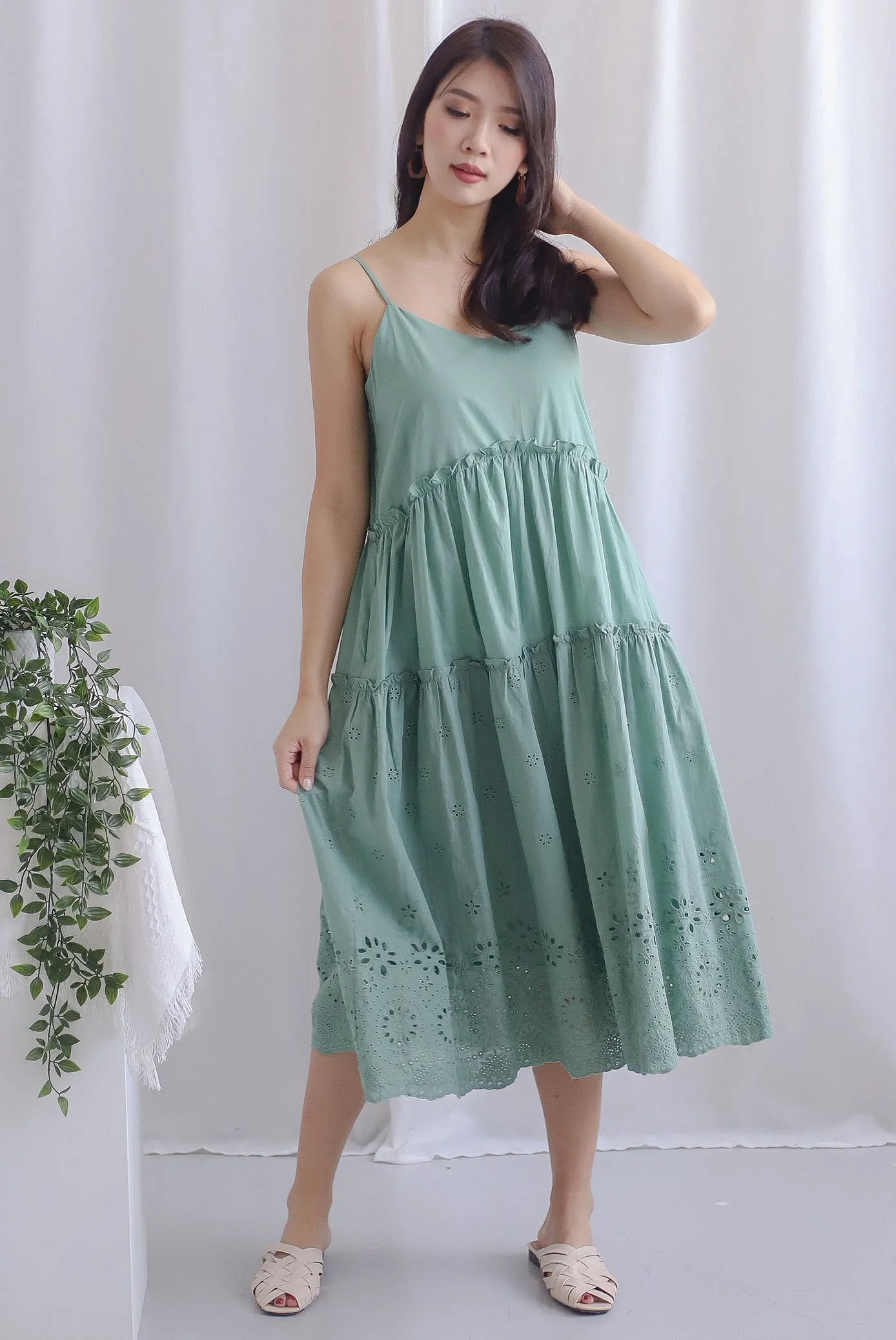 Harmonie Embro Sprag Tiered Dress In Seafoam