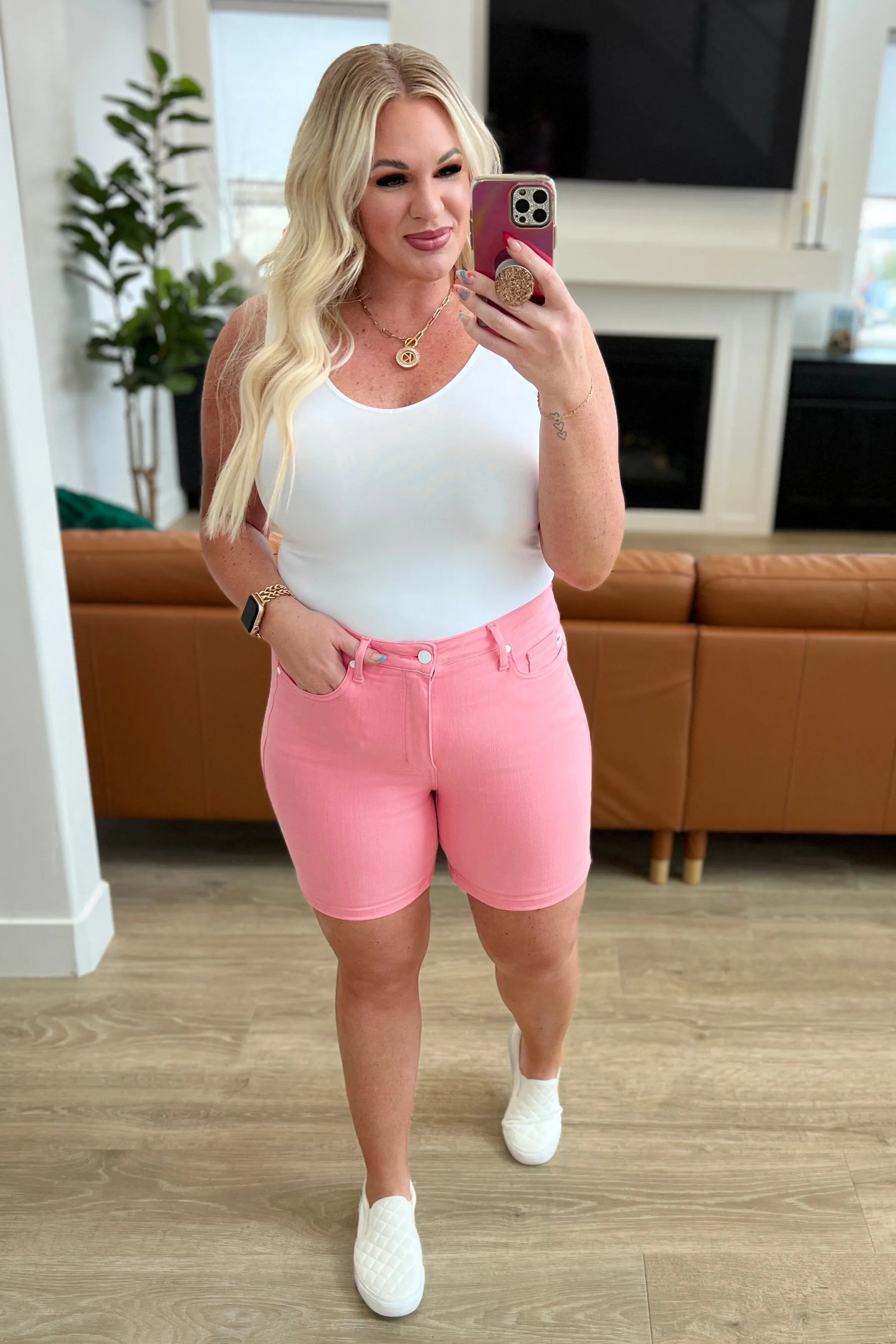 Hazel Blues® |  Jenna High Rise Control Top Cuffed Shorts in Pink