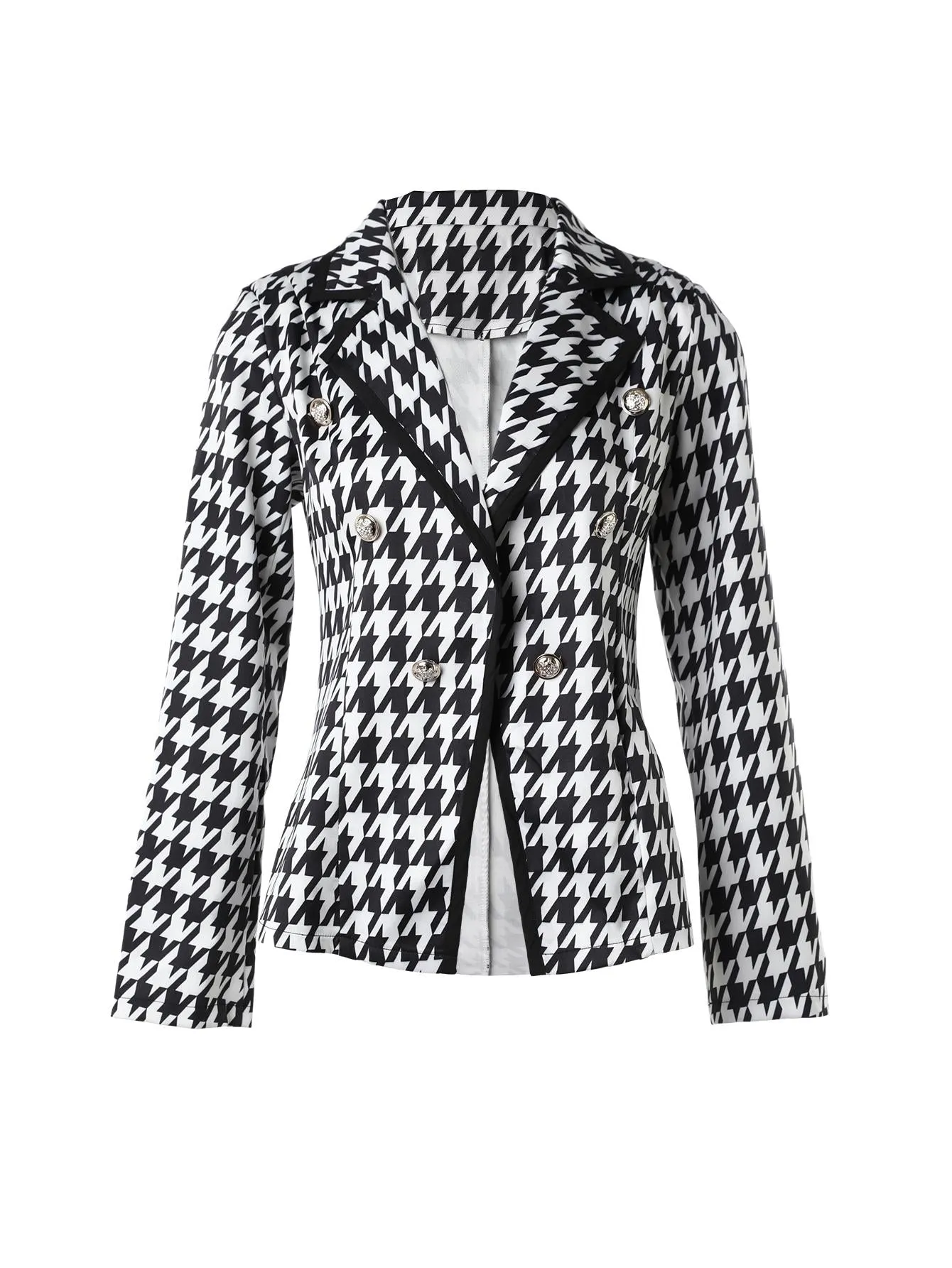 Houndstooth Print Button Front Long Sleeve Blazer Coat