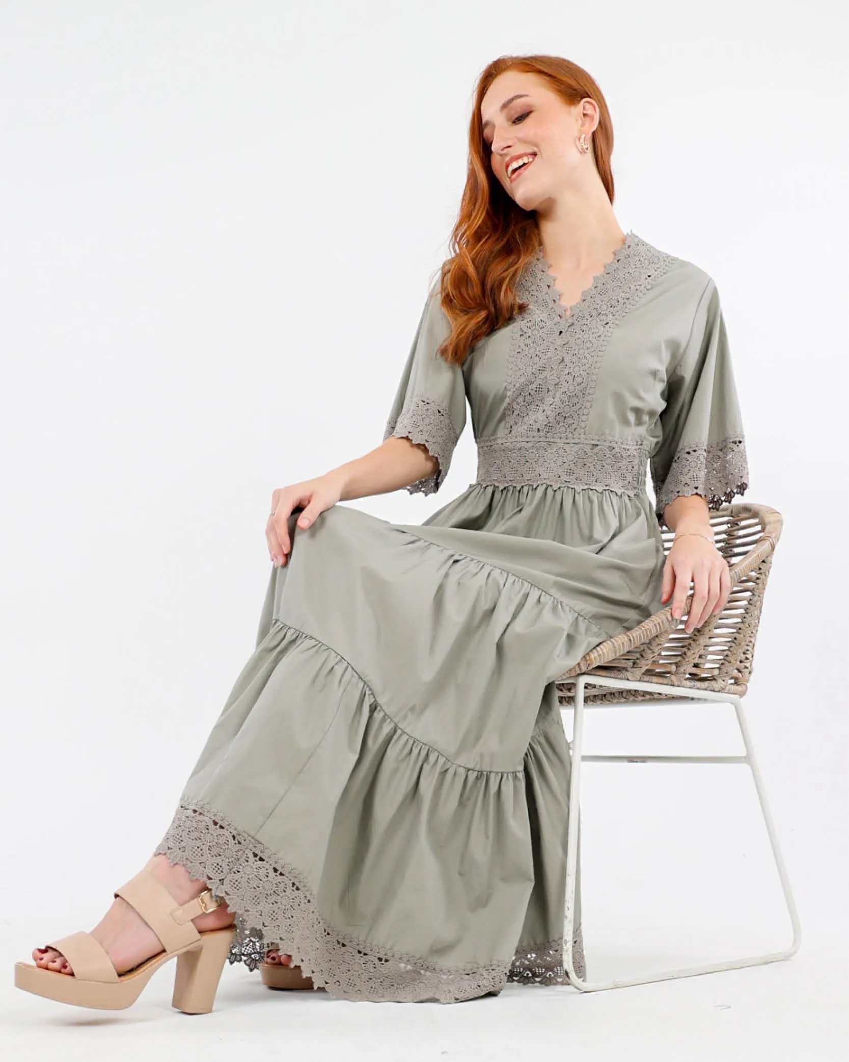 Lace Trim Tiered Cotton Maxi Dress