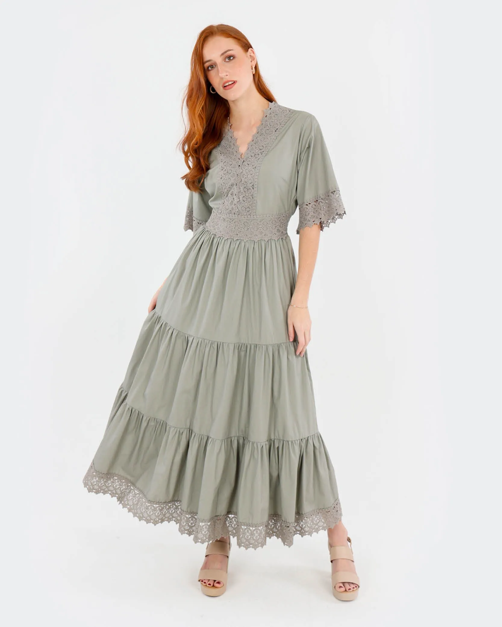 Lace Trim Tiered Cotton Maxi Dress