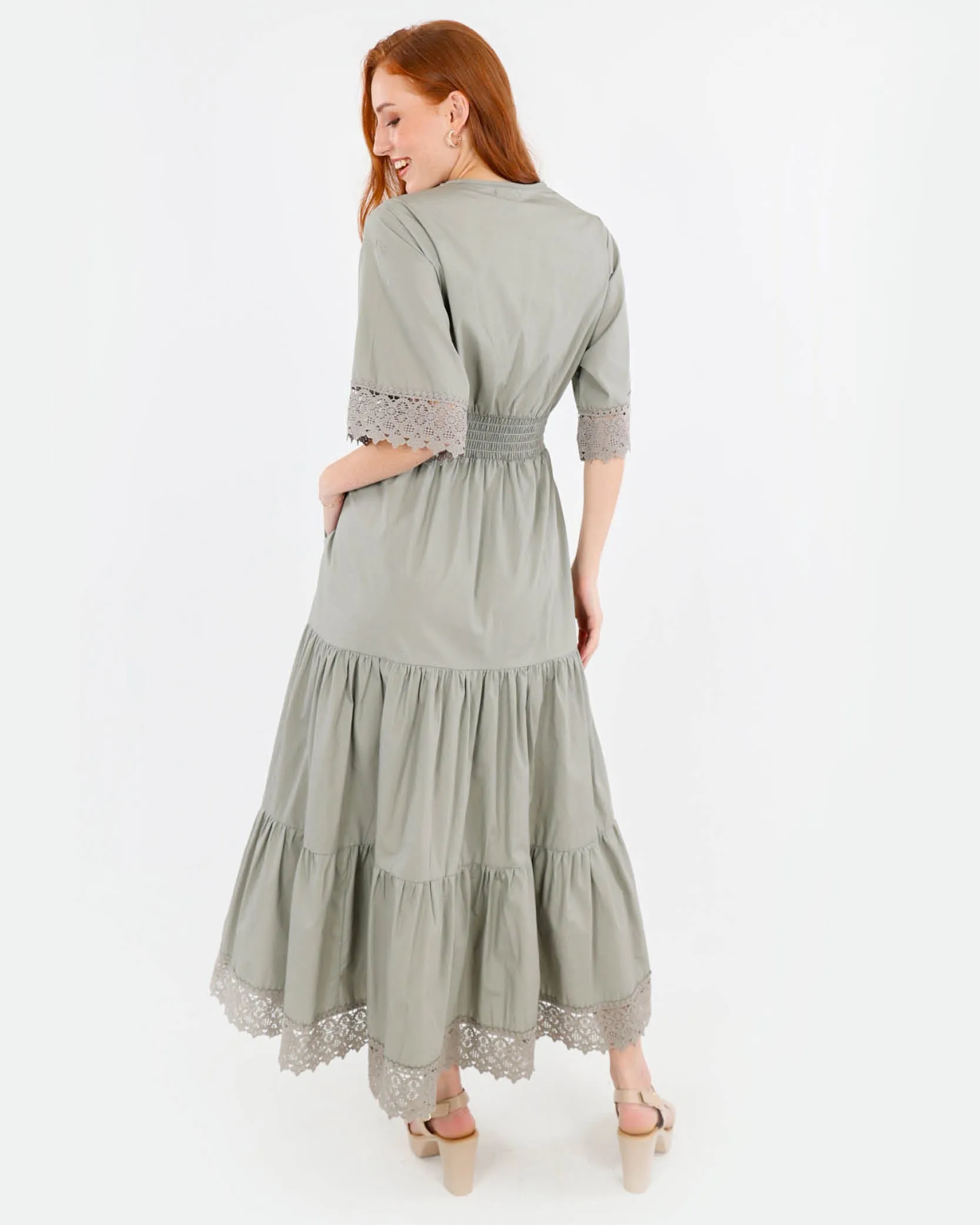 Lace Trim Tiered Cotton Maxi Dress
