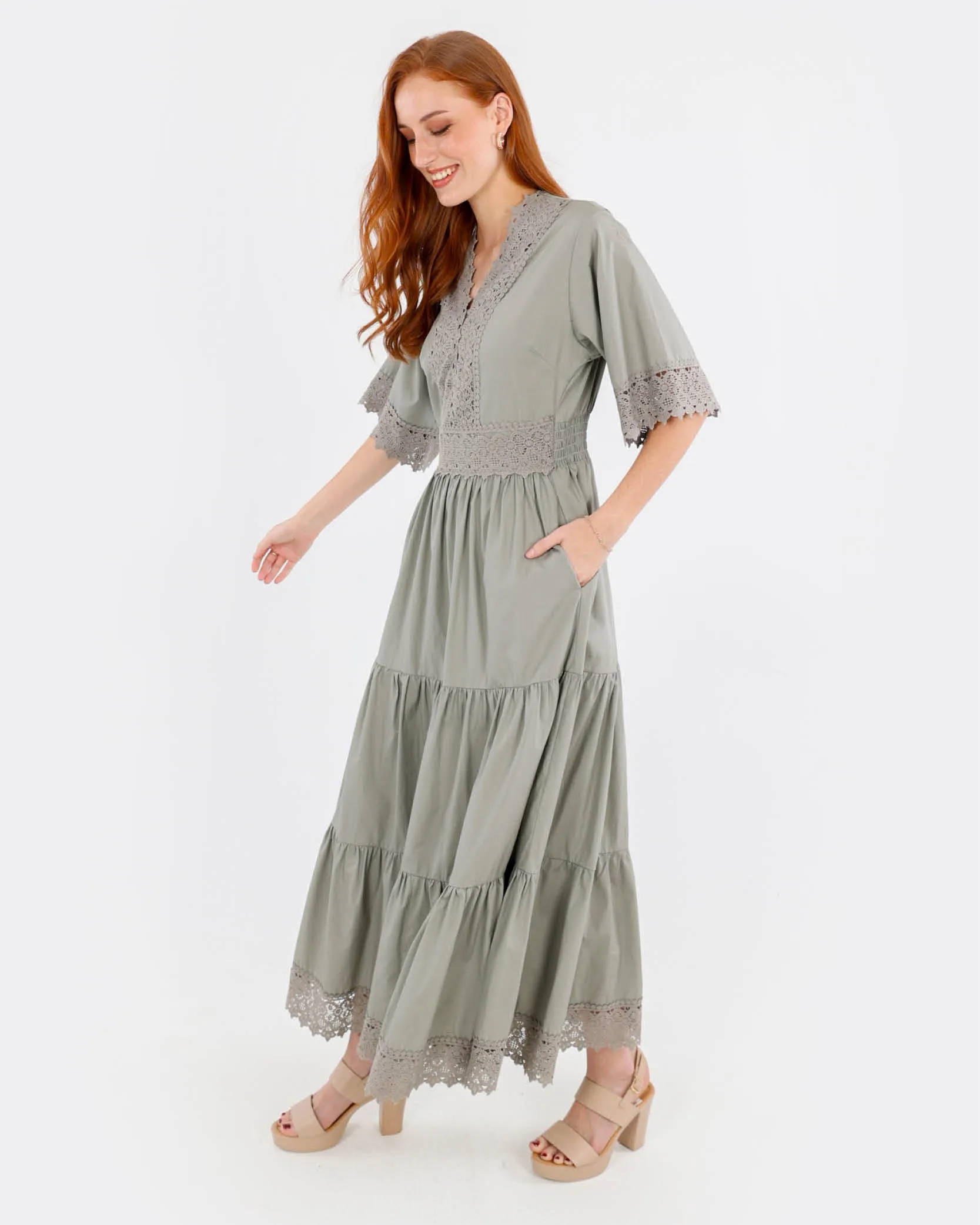Lace Trim Tiered Cotton Maxi Dress