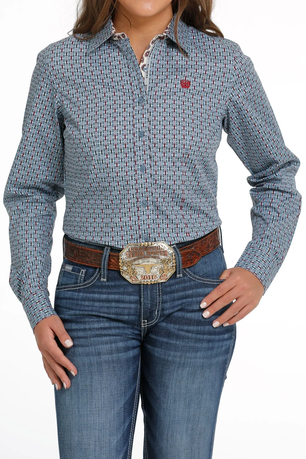 LADIES LIGHT BLUE PRINT LONG SLEEVE SHIRT