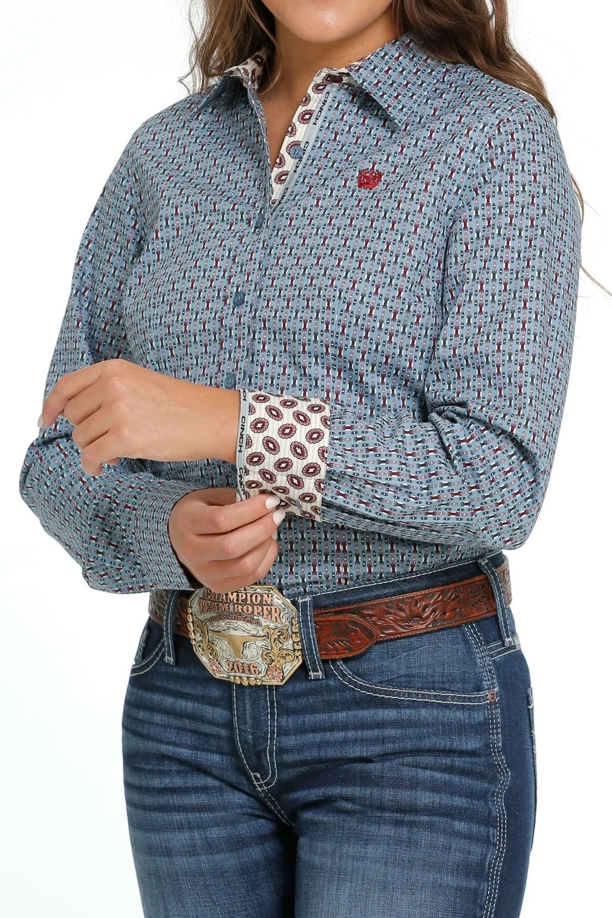 LADIES LIGHT BLUE PRINT LONG SLEEVE SHIRT