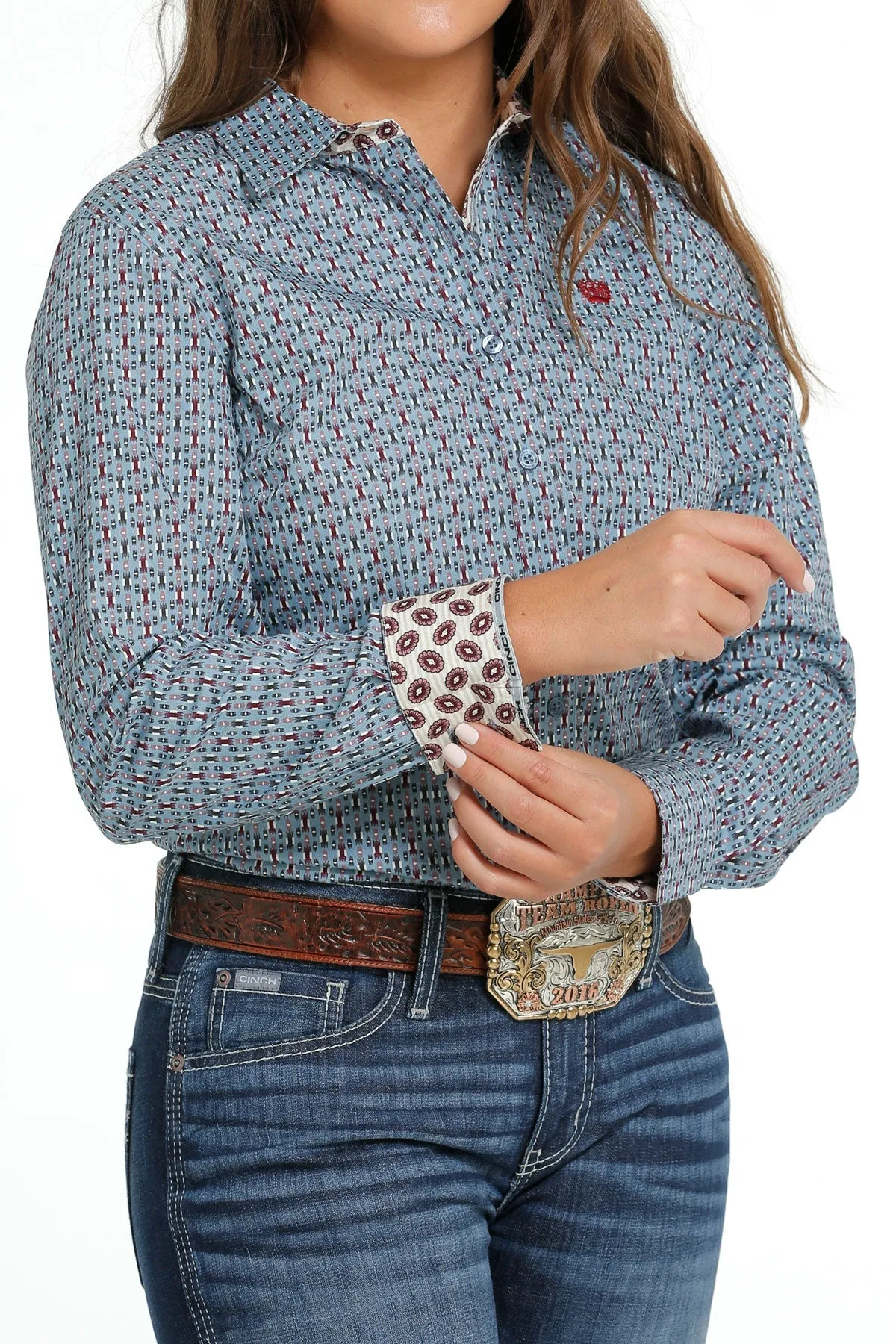 LADIES LIGHT BLUE PRINT LONG SLEEVE SHIRT