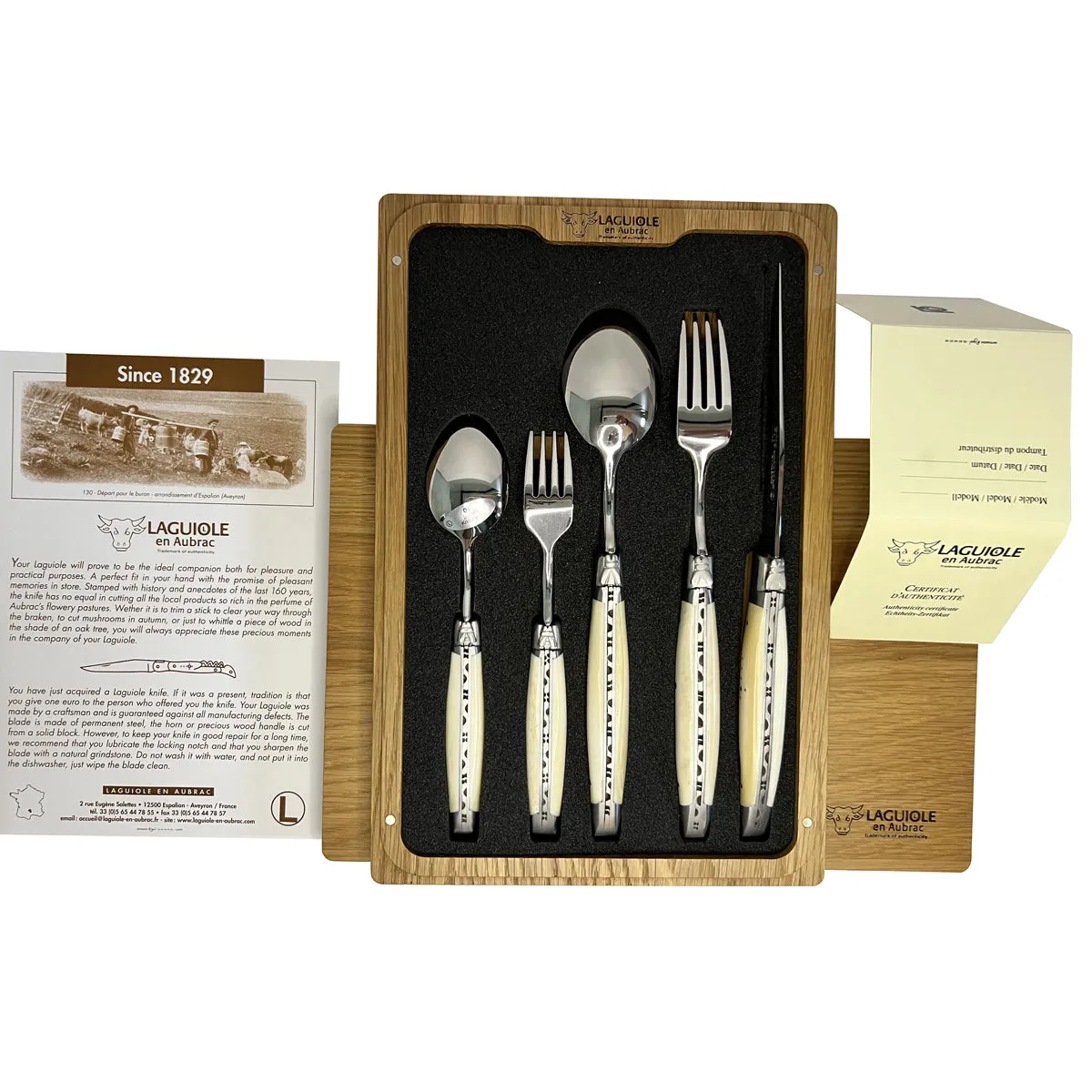 Laguiole en Aubrac Handcrafted 5-Piece Handcrafted Flatware Set With Bone Handles