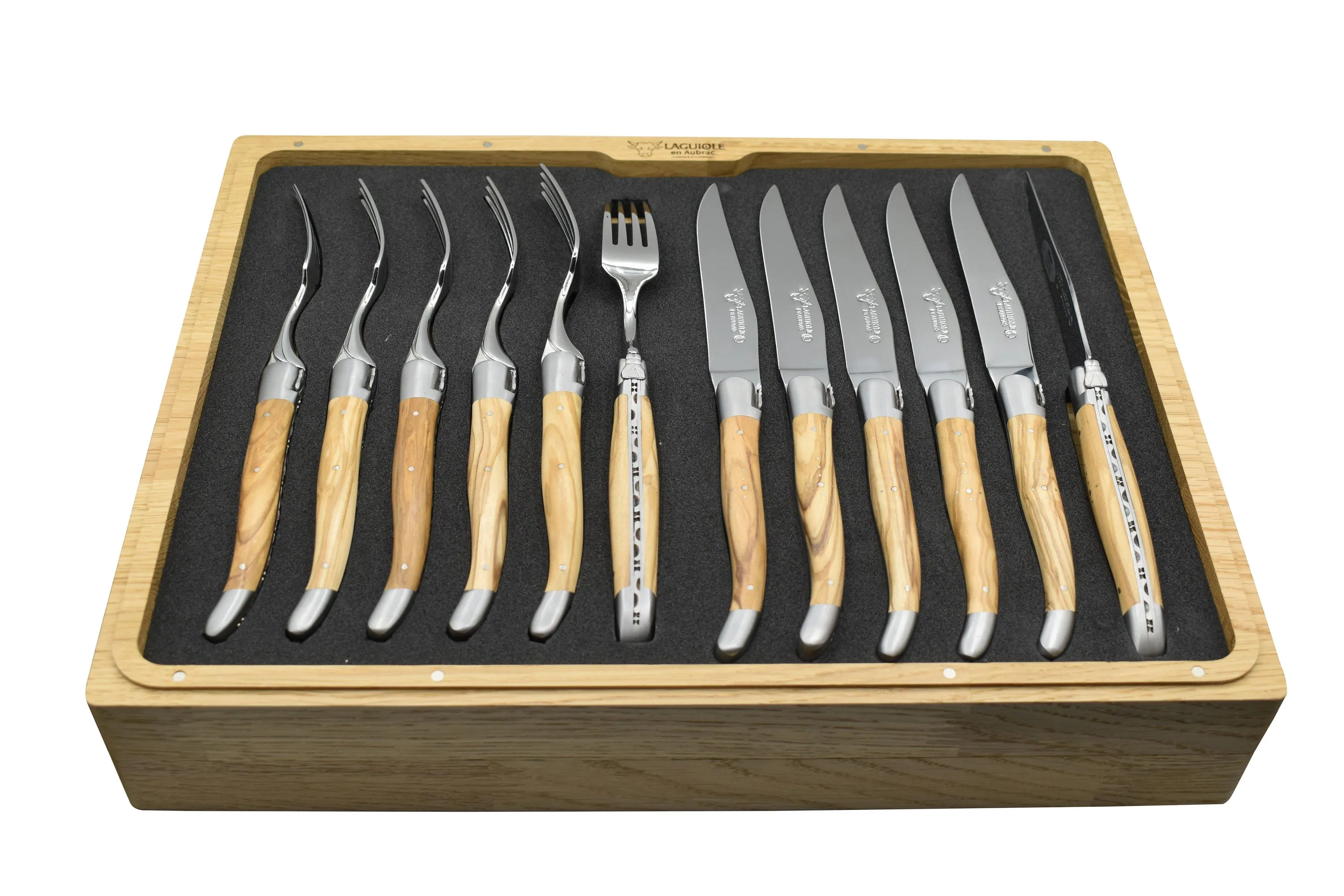 Laguiole en Aubrac Luxury 24-Piece Handcrafted Flatware Set, Olive Wood Handles