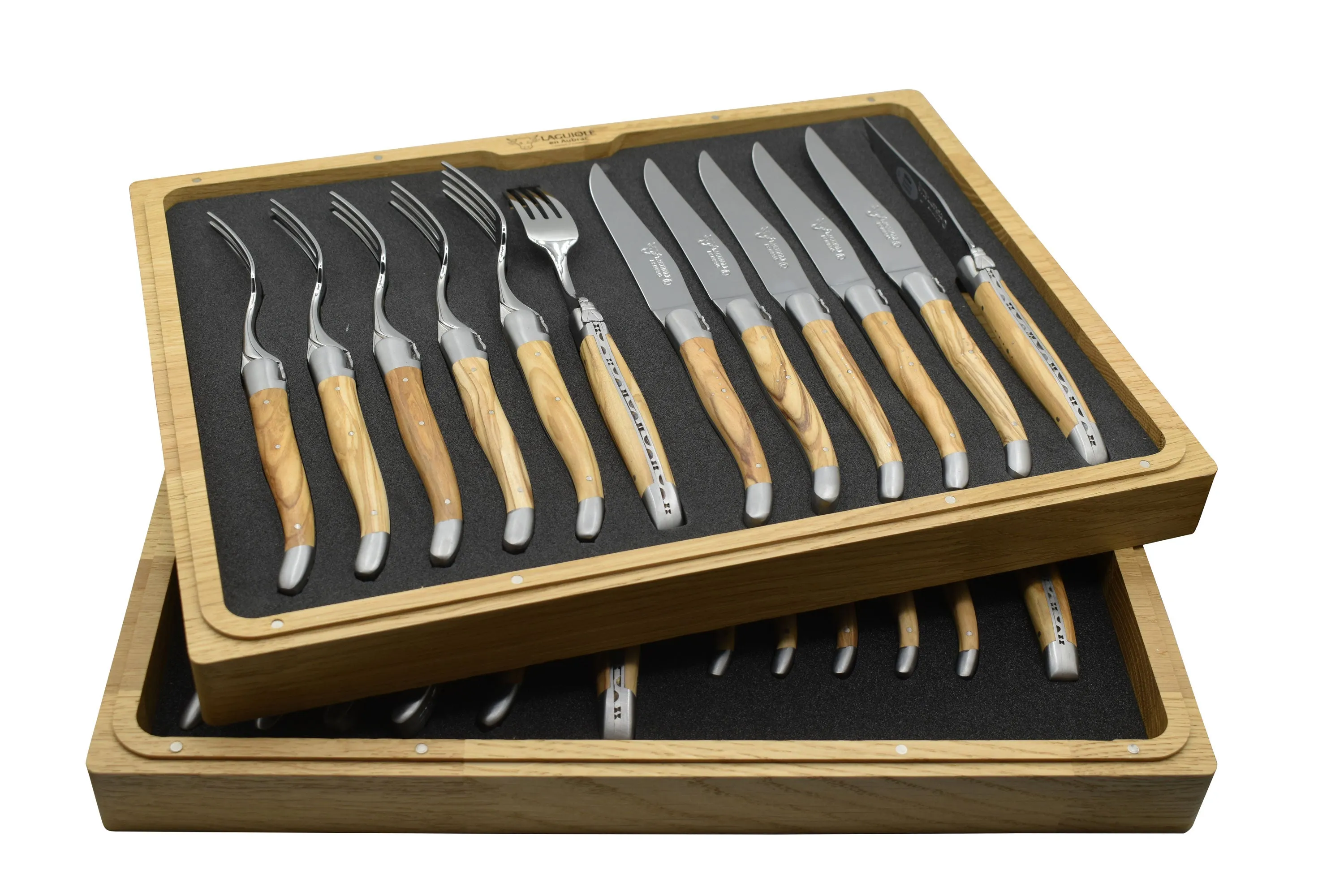 Laguiole en Aubrac Luxury 24-Piece Handcrafted Flatware Set, Olive Wood Handles