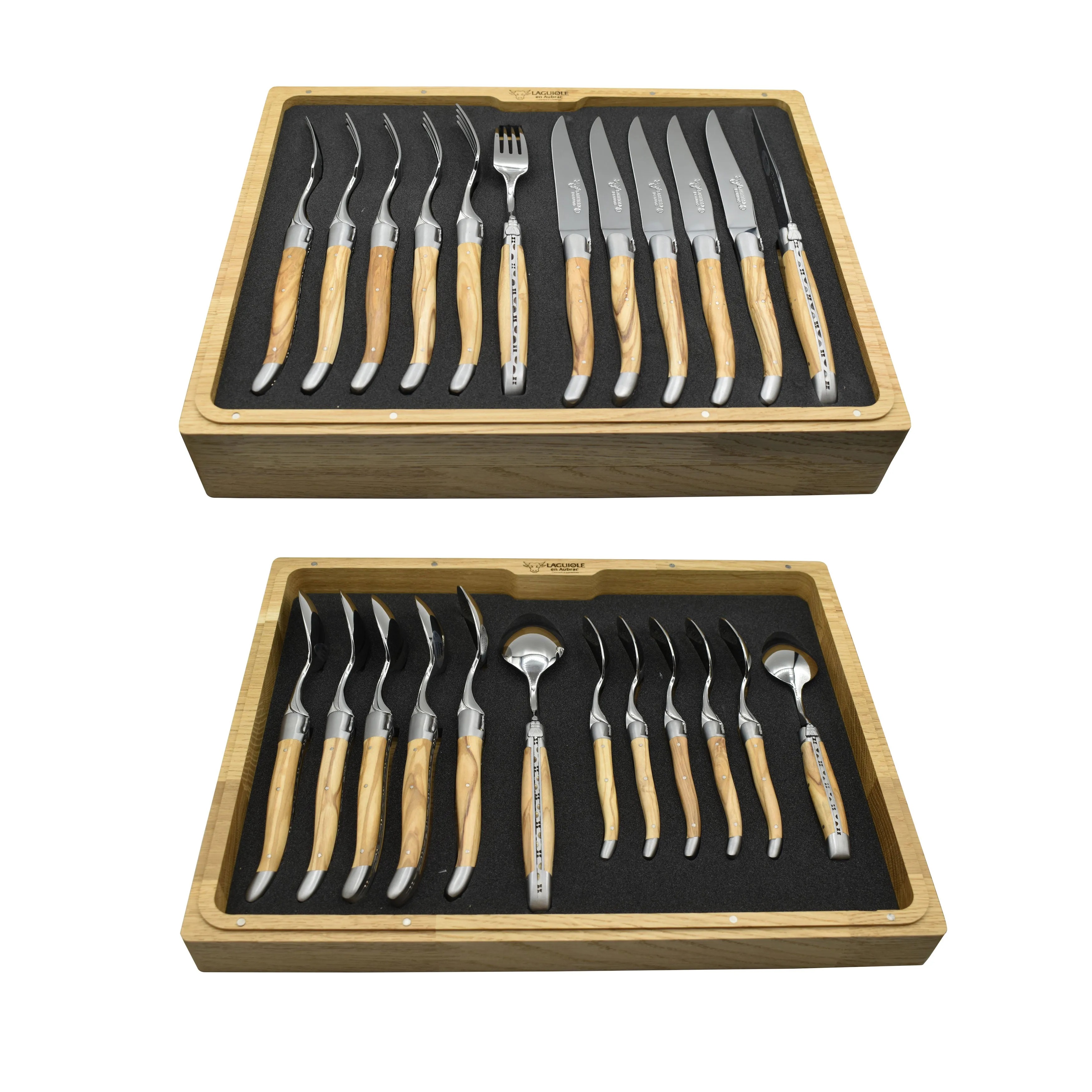 Laguiole en Aubrac Luxury 24-Piece Handcrafted Flatware Set, Olive Wood Handles