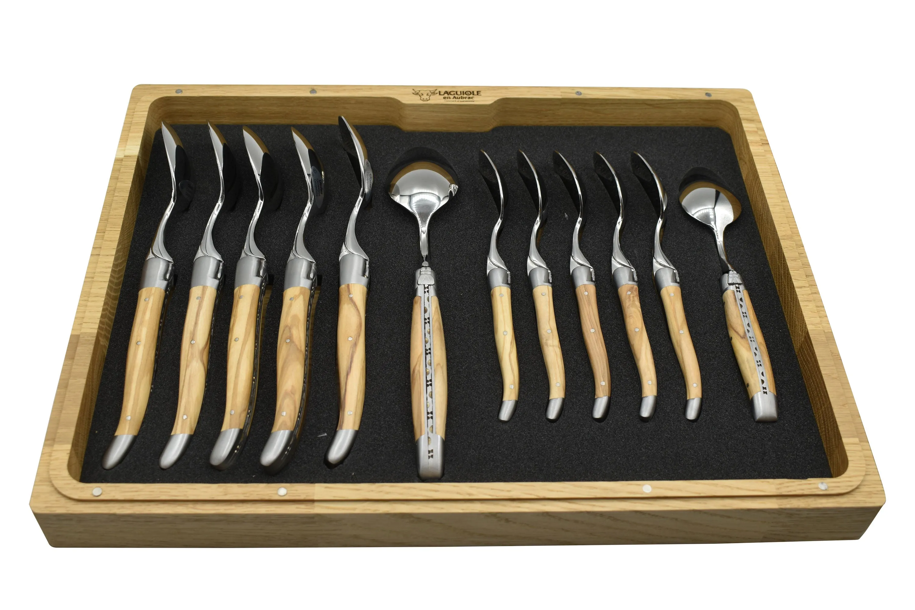 Laguiole en Aubrac Luxury 24-Piece Handcrafted Flatware Set, Olive Wood Handles