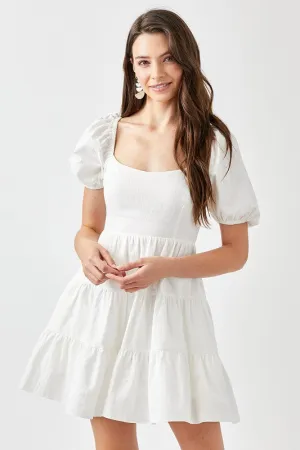 LESLIE PUFF SLEEVE TIE BACK TIERED MINI DRESS