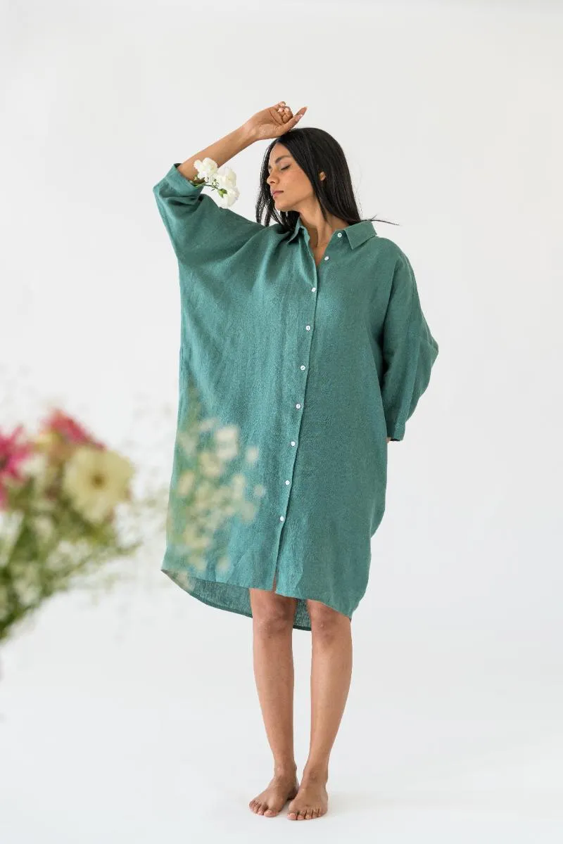 Linen Ferro Shirt Dress-Sage Green