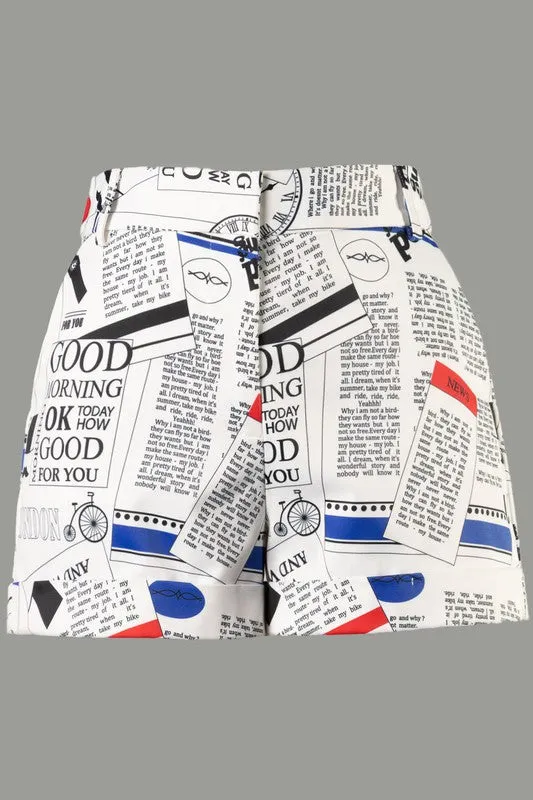 Magazine Letter Print Shorts